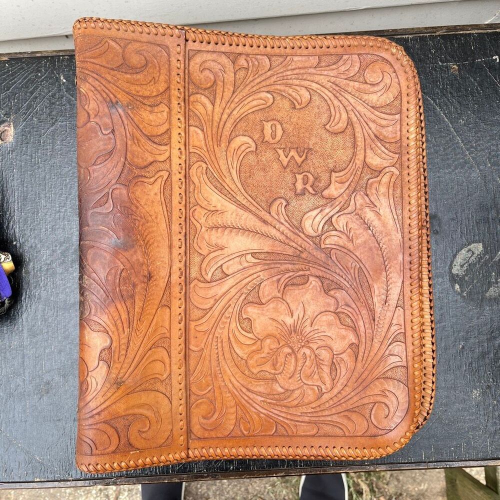 VTG Tooled Leather 3 Ring Binder Portfolio Organizer Western Floral DWR